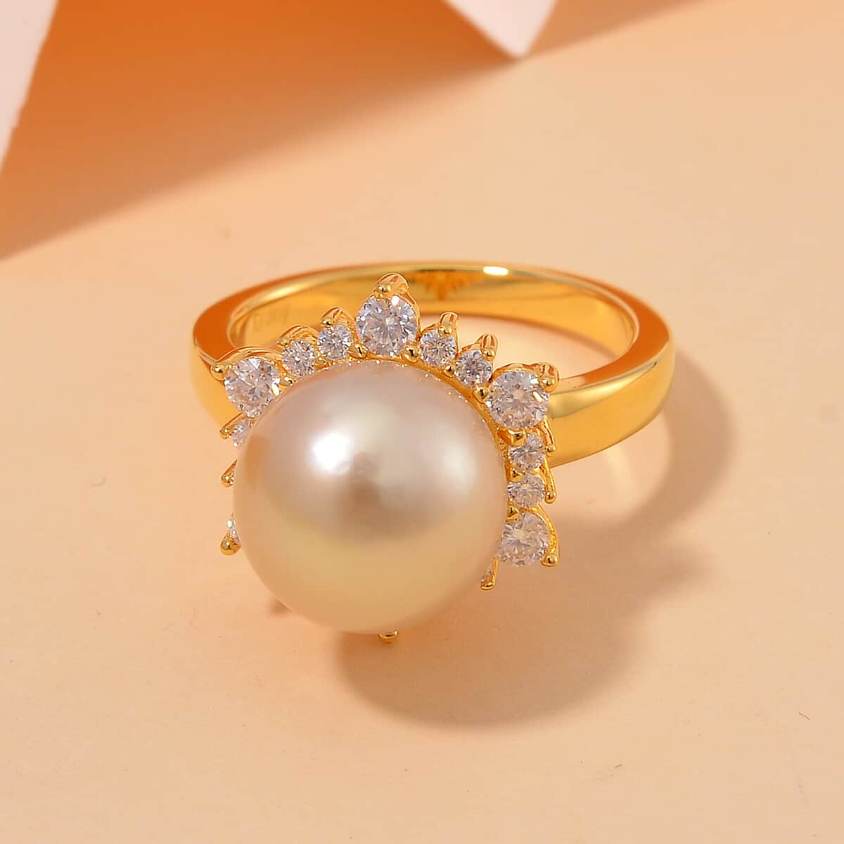 South Sea Golden Cultured Pearl and Moissanite 0.55 ctw Sunlit Elegance Ring in 18K Vermeil Yellow Gold Over Sterling Silver (Size 10.0) image number 1