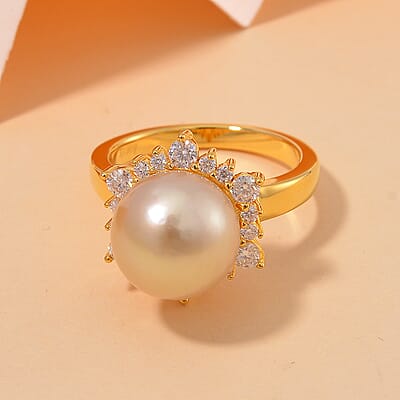South Sea Golden Cultured Pearl and Moissanite 0.55 ctw Sunlit Elegance Ring in 18K Vermeil Yellow Gold Over Sterling Silver (Size 10.0)