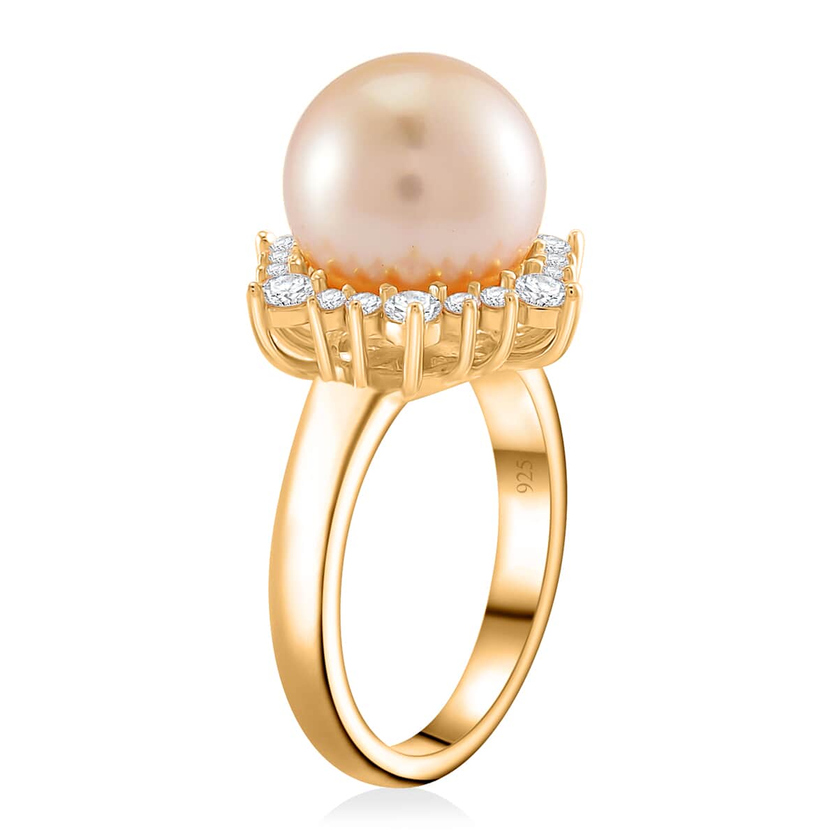 South Sea Golden Cultured Pearl and Moissanite 0.55 ctw Sunlit Elegance Ring in 18K Vermeil Yellow Gold Over Sterling Silver (Size 10.0) image number 3