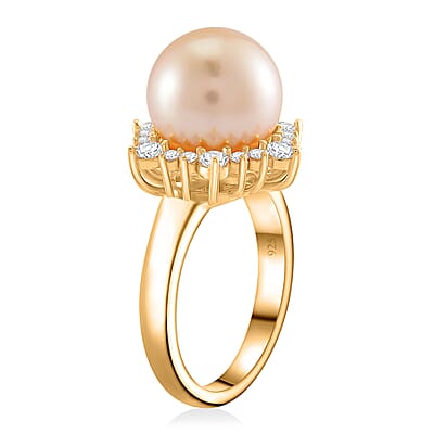 South Sea Golden Cultured Pearl and Moissanite 0.55 ctw Sunlit Elegance Ring in 18K Vermeil Yellow Gold Over Sterling Silver (Size 10.0)