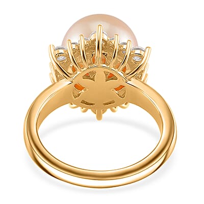 South Sea Golden Cultured Pearl and Moissanite 0.55 ctw Sunlit Elegance Ring in 18K Vermeil Yellow Gold Over Sterling Silver (Size 10.0)