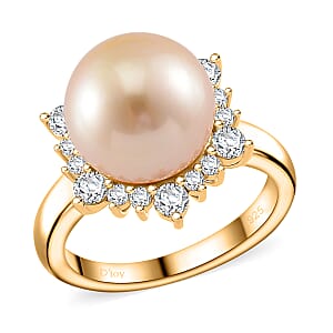 South Sea Golden Cultured Pearl and Moissanite 0.55 ctw Sunlit Elegance Ring in 18K Vermeil Yellow Gold Over Sterling Silver (Size 6.0)