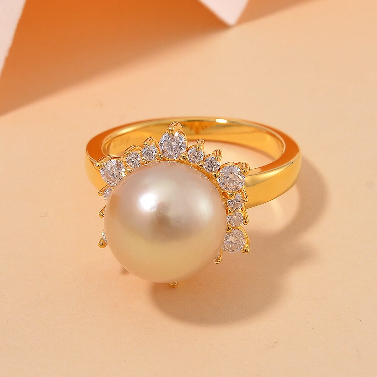 South Sea Golden Cultured Pearl and Moissanite 0.55 ctw Sunlit Elegance Ring in 18K Vermeil Yellow Gold Over Sterling Silver (Size 6.0) image number 1