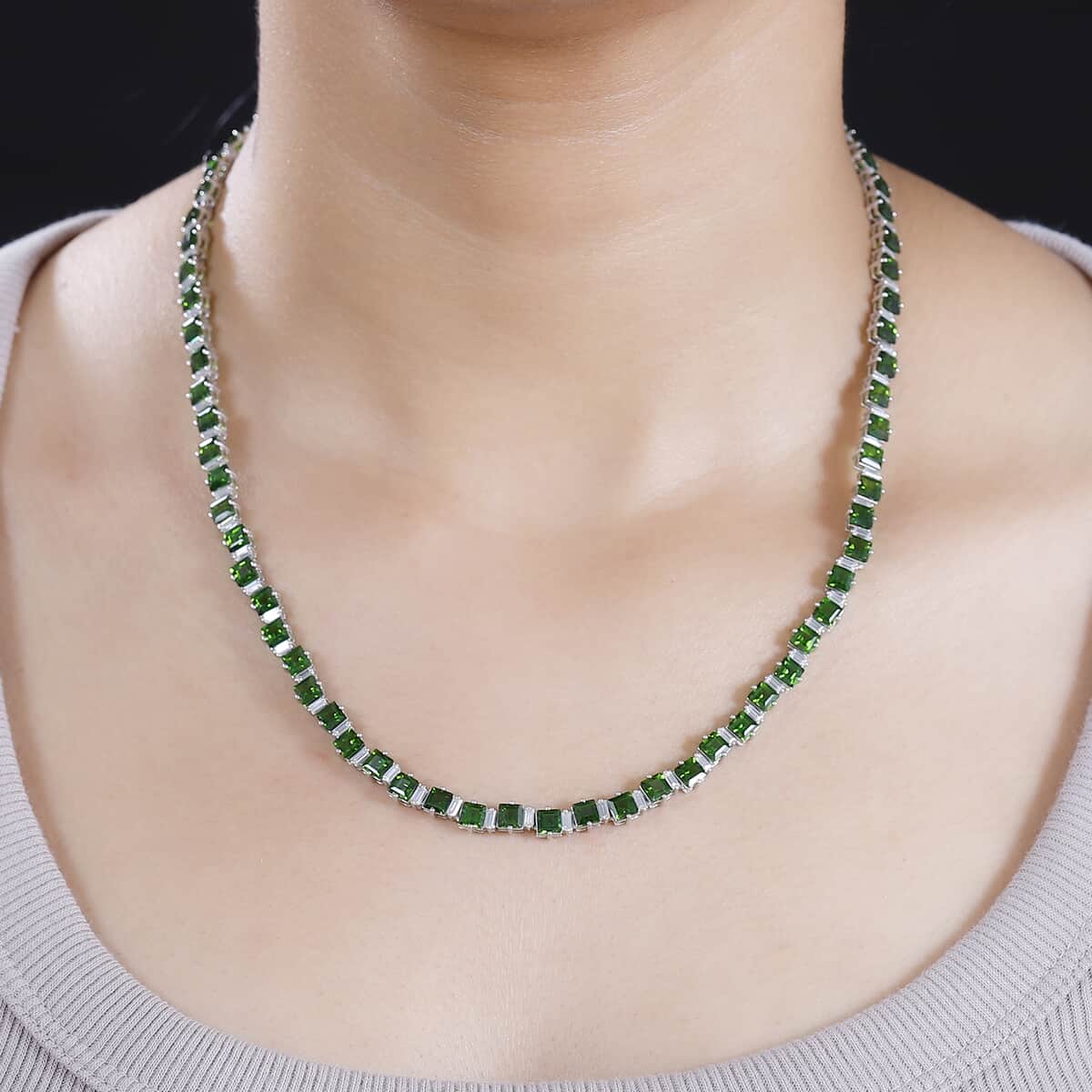 Chrome Diopside and Moissanite 28.85 ctw Sea Waves Necklace in Rhodium Over Sterling Silver 18 Inches image number 2