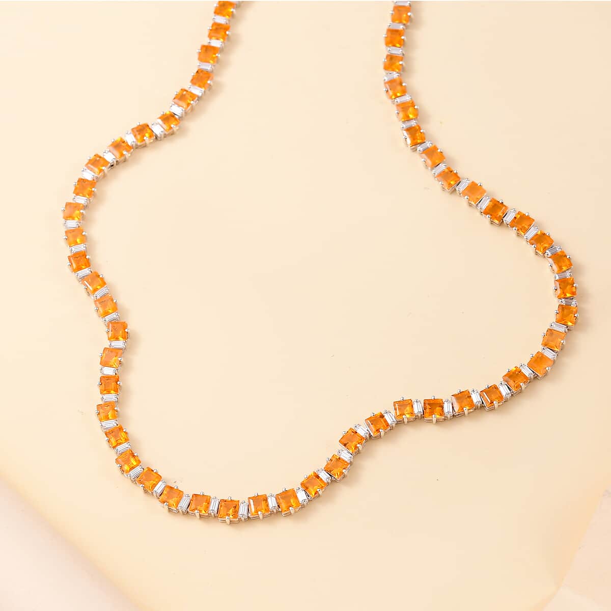 Salamanca Fire Opal and Moissanite 21.15 ctw Sea Waves Necklace in Rhodium Over Sterling Silver 18 Inches image number 1