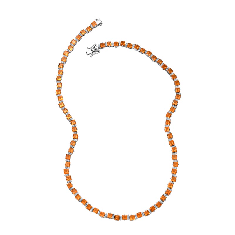 Salamanca Fire Opal and Moissanite 21.15 ctw Sea Waves Necklace in Rhodium Over Sterling Silver 18 Inches