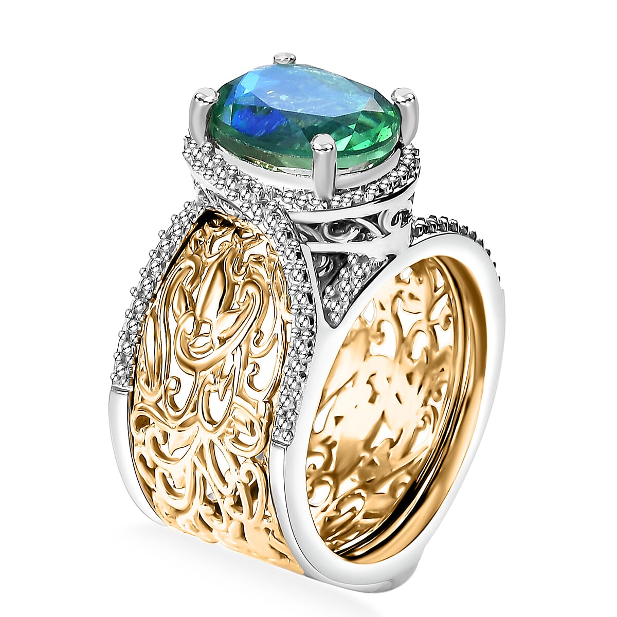 EverTrue Peacock Quartz (Triplet) Stackable 3.85 ctw Royal Heirloom Ring in 18K YG Plated and Platinum Bond (Size 6.0)