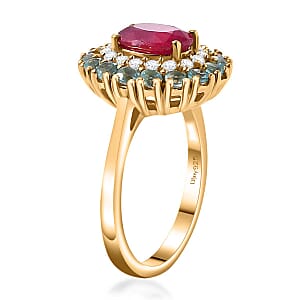D'Joy Niassa Ruby (FF) and Multi Gemstone 3.20 ctw Blooming Ring in 18K Vermeil Yellow Gold Over Sterling Silver (Size 10.0)