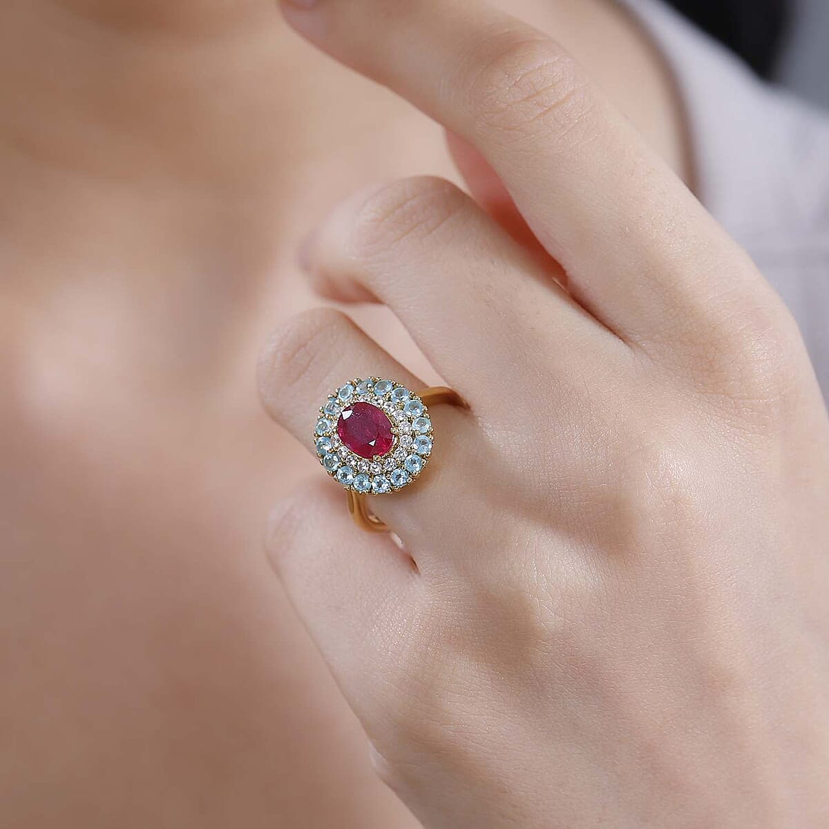 D'Joy Niassa Ruby (FF) and Multi Gemstone 3.20 ctw Blooming Ring in 18K Vermeil Yellow Gold Over Sterling Silver (Size 5.0) image number 2