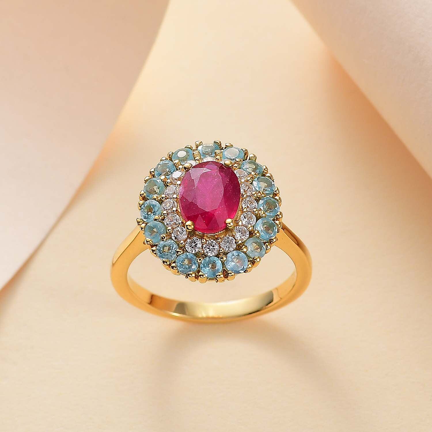 Niassa Ruby (FF), Multi Gemstone Blooming Ring in 18K Vermeil YG Over Sterling Silver (Size 10.0) 3.20 ctw