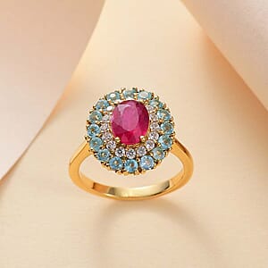 D'Joy Niassa Ruby (FF) and Multi Gemstone 3.20 ctw Blooming Ring in 18K Vermeil Yellow Gold Over Sterling Silver (Size 7.0)