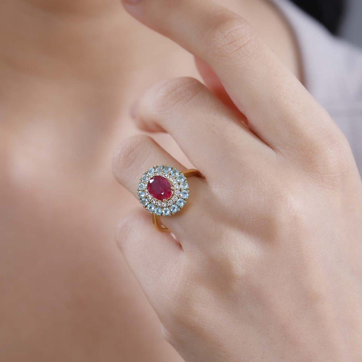 D'Joy Niassa Ruby (FF) and Multi Gemstone 3.20 ctw Blooming Ring in 18K Vermeil Yellow Gold Over Sterling Silver (Size 9.0) image number 2