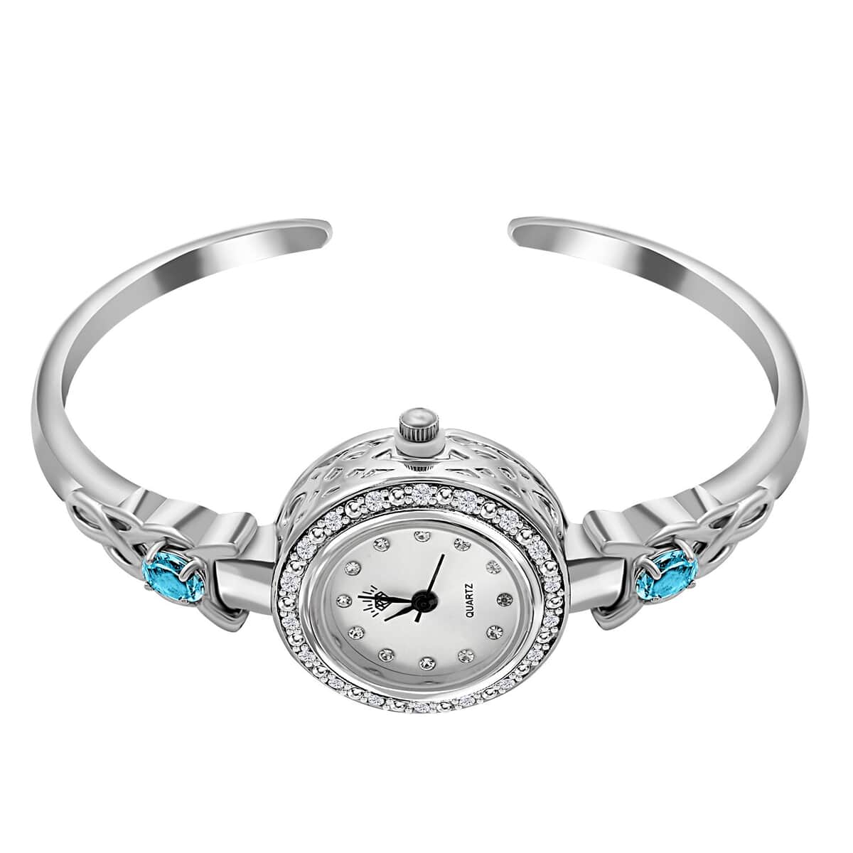 Quartz Movement Blue Topaz and Simulated Diamond 1.45 ctw Infinity Knot Cuff Bracelet Watch (6.00-7.00 In) in Silvertone image number 0