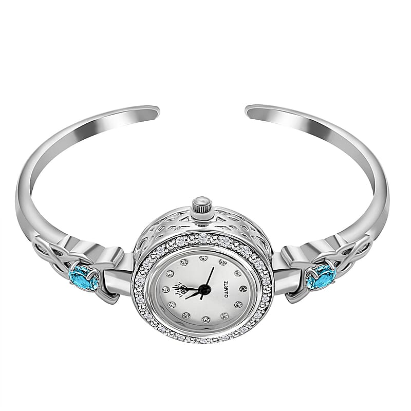 Quartz Movement Blue Topaz and Simulated Diamond 1.45 ctw Infinity Knot Cuff Bracelet Watch (6.00-7.00 In) in Silvertone