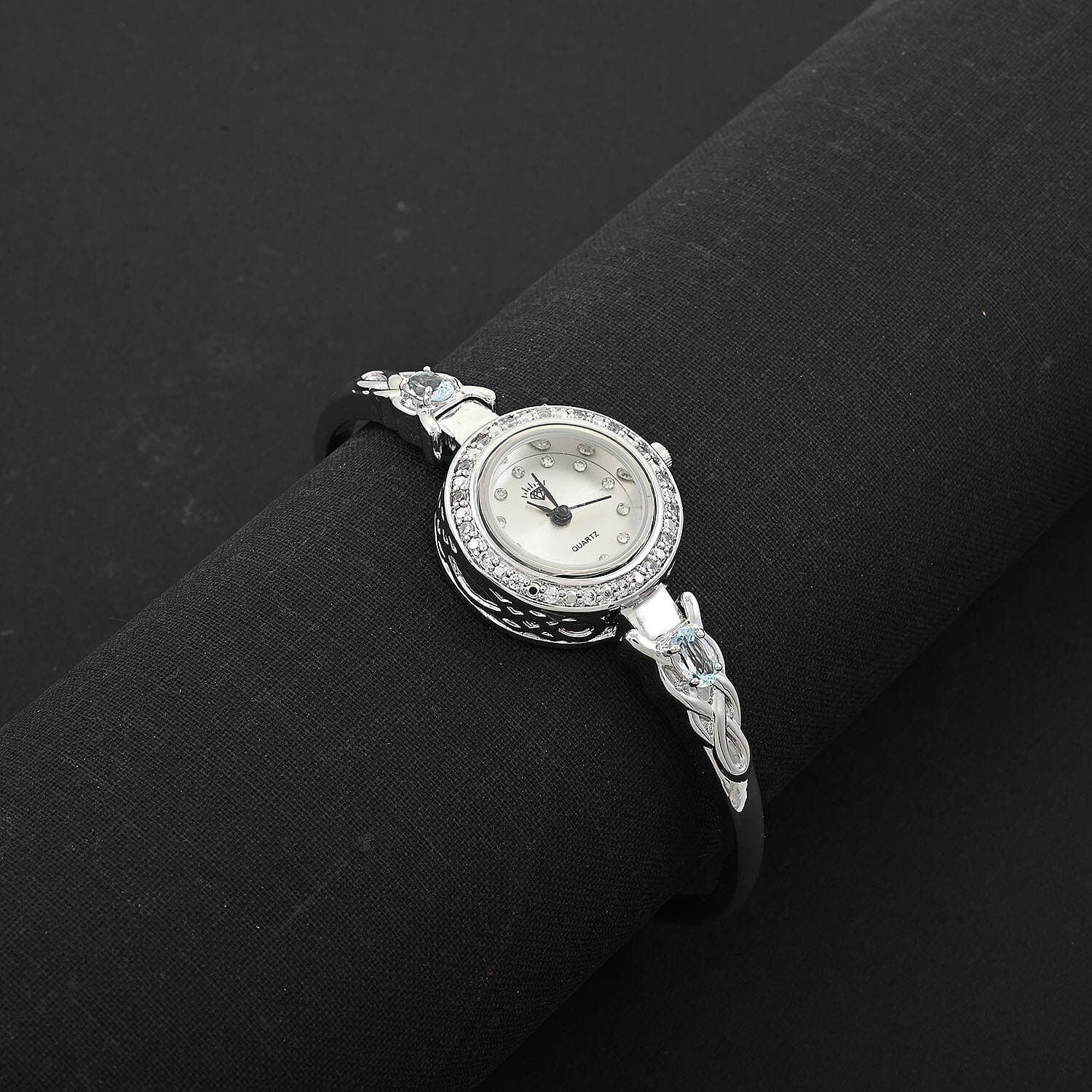 Quartz Movement Blue Topaz and Simulated Diamond 1.45 ctw Infinity Knot Cuff Bracelet Watch (6.00-7.00 In) in Silvertone