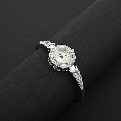 Quartz Movement Blue Topaz and Simulated Diamond 1.45 ctw Infinity Knot Cuff Bracelet Watch (6.00-7.00 In) in Silvertone
