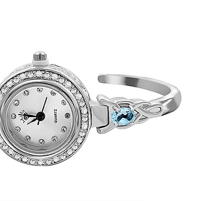 Quartz Movement Blue Topaz and Simulated Diamond 1.45 ctw Infinity Knot Cuff Bracelet Watch (6.00-7.00 In) in Silvertone