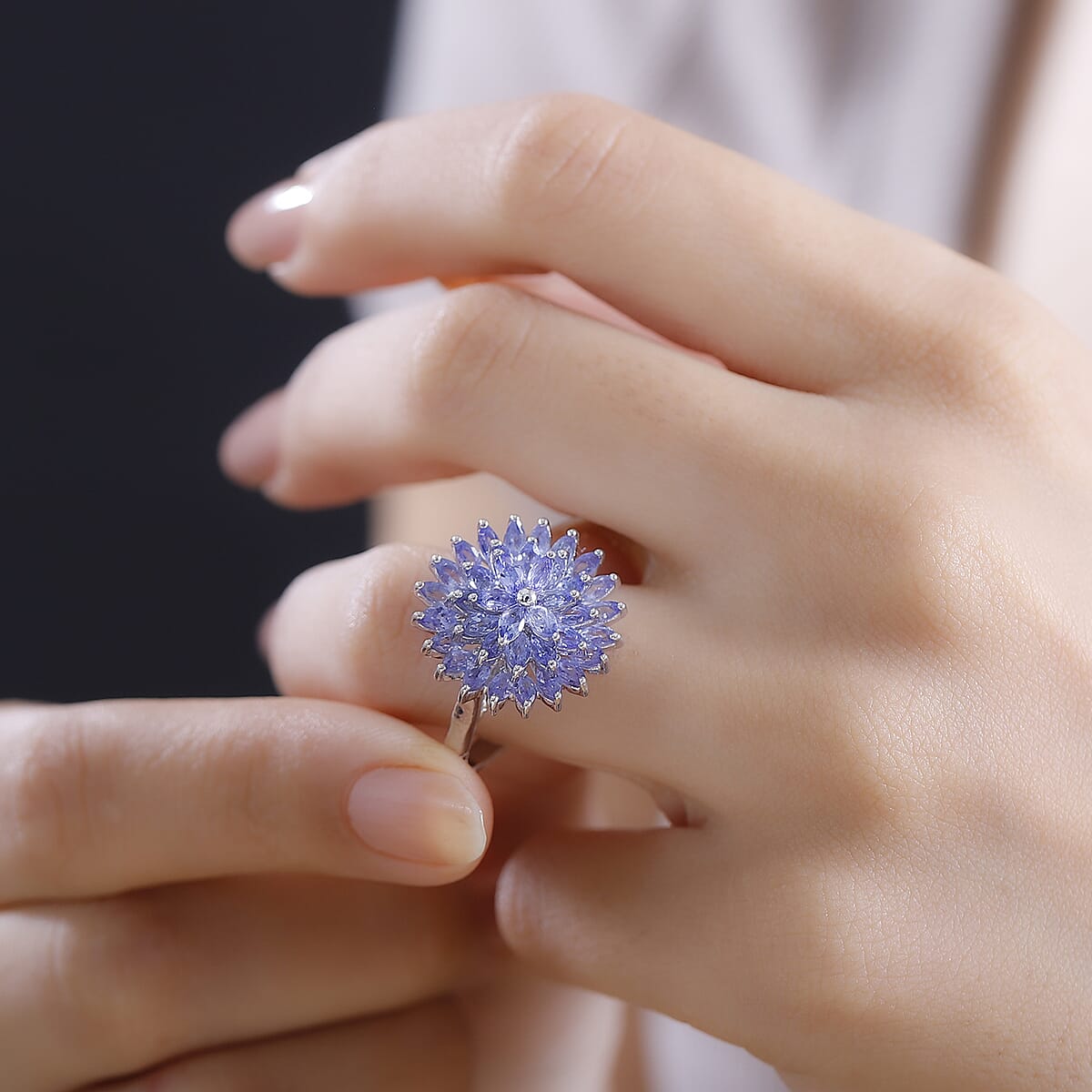 Tanzanite 3.35 ctw Pagoda Bloom Ring in Rhodium Over Sterling Silver (Size 8.0) image number 2