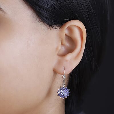 Tanzanite 3.20 ctw Pagoda Bloom Earrings in Rhodium Over Sterling Silver 