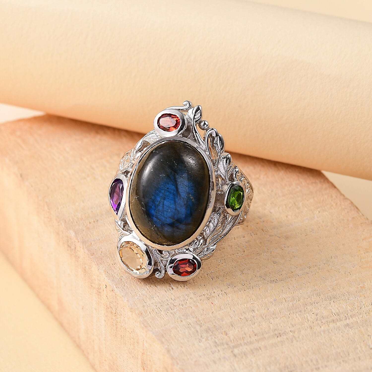 Karis Malagasy Labradorite and Multi Gemstone 12.40 ctw Celestial Garden Ring in Platinum Bond (Size 10.0)