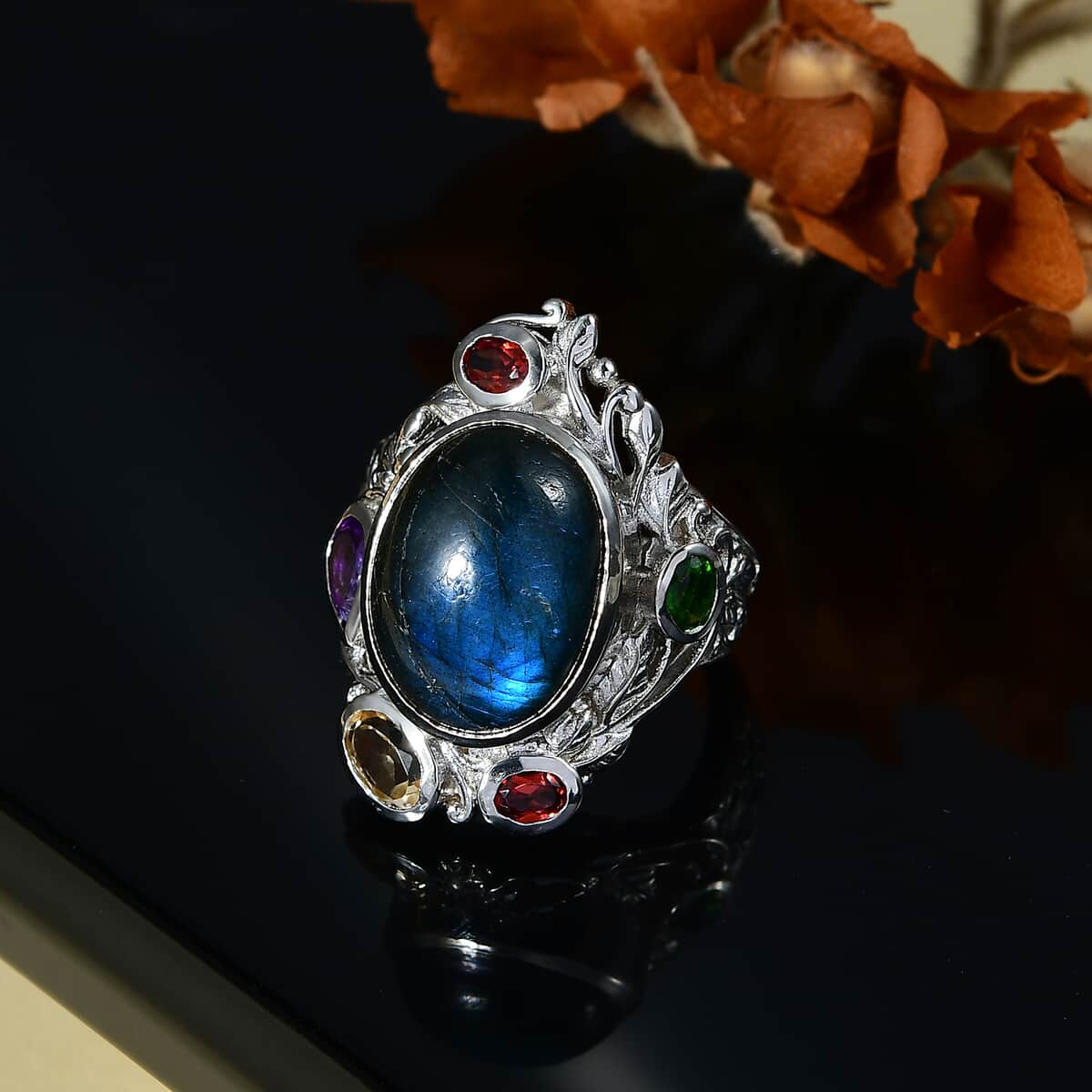 Karis Malagasy Labradorite and Multi Gemstone 12.40 ctw Celestial Garden Ring in Platinum Bond (Size 10.0) image number 2