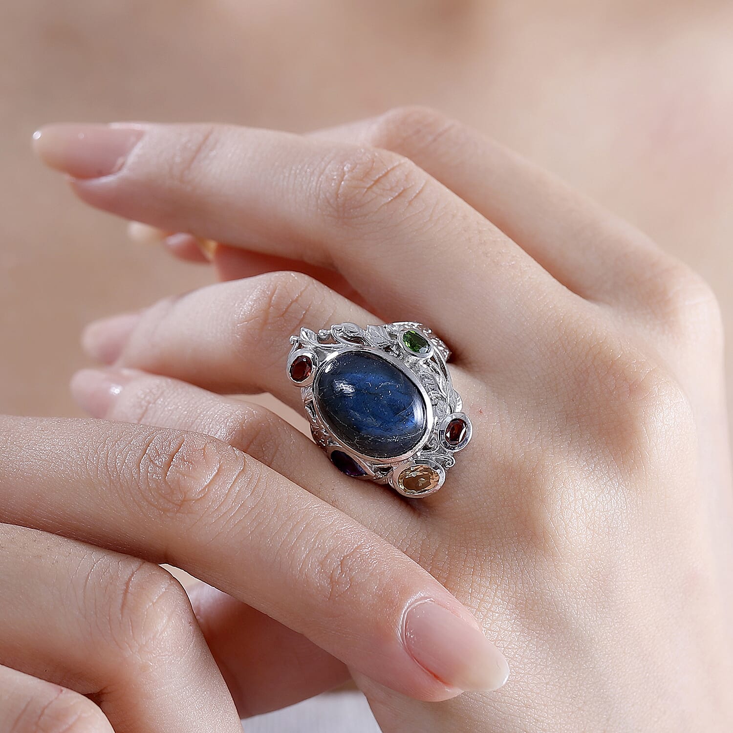 Karis Malagasy Labradorite and Multi Gemstone 12.40 ctw Celestial Garden Ring in Platinum Bond (Size 10.0)