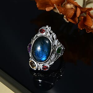 Karis Malagasy Labradorite and Multi Gemstone 12.40 ctw Celestial Garden Ring in Platinum Bond (Size 7.0)