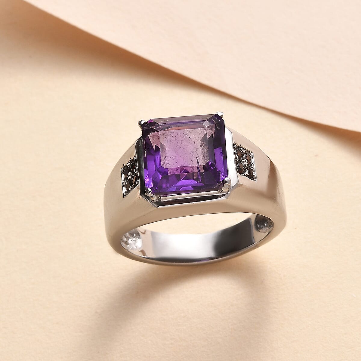 Premium African Amethyst and Mozambique Garnet 4.90 ctw Men's Ring in Stainless Steel (Size 12.0) image number 1