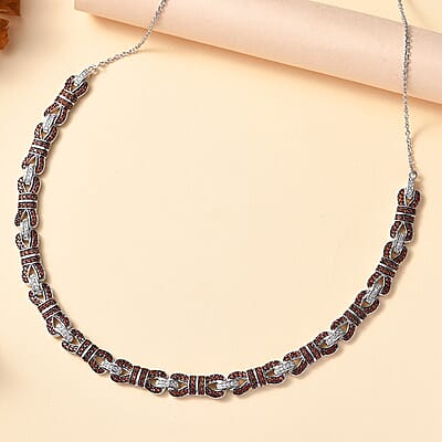 Karis Mozambique Garnet and White Zircon 3.80 ctw Bow Knot Necklace in Platinum Bond 18 Inches