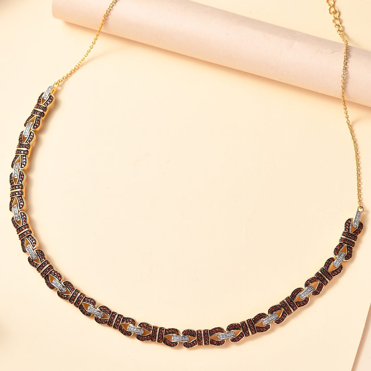 Karis Mozambique Garnet and White Zircon 3.85 ctw Bow Knot Necklace in 18K Yellow Gold Plated 18 Inches image number 1