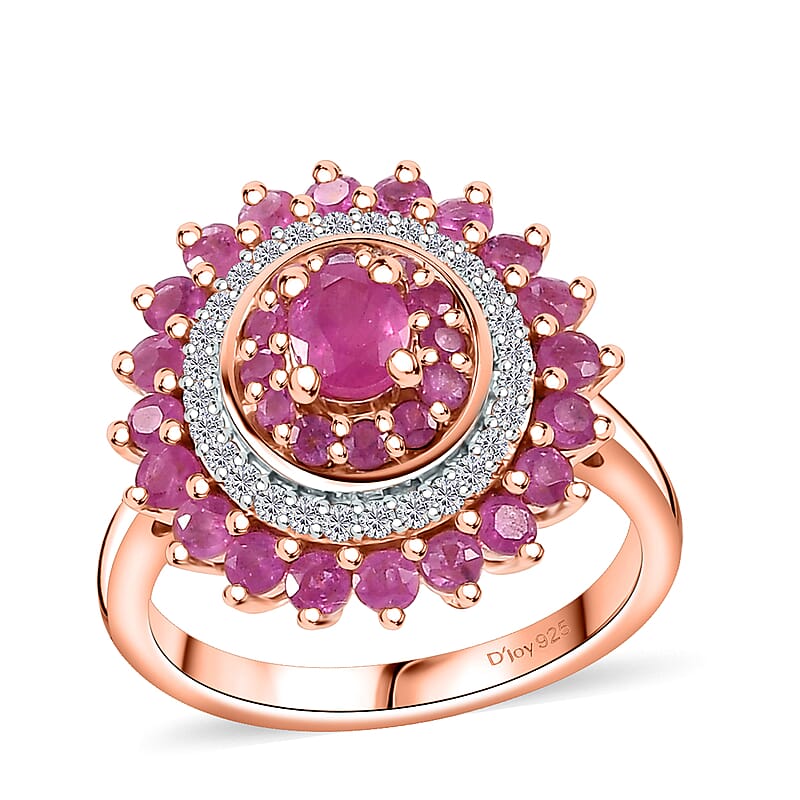Premium Mozambique Pink Sapphire and Moissanite 2.20 ctw Rosy Halo Ring in 18K Vermeil Rose Gold Over Sterling Silver (Size 10.0) 