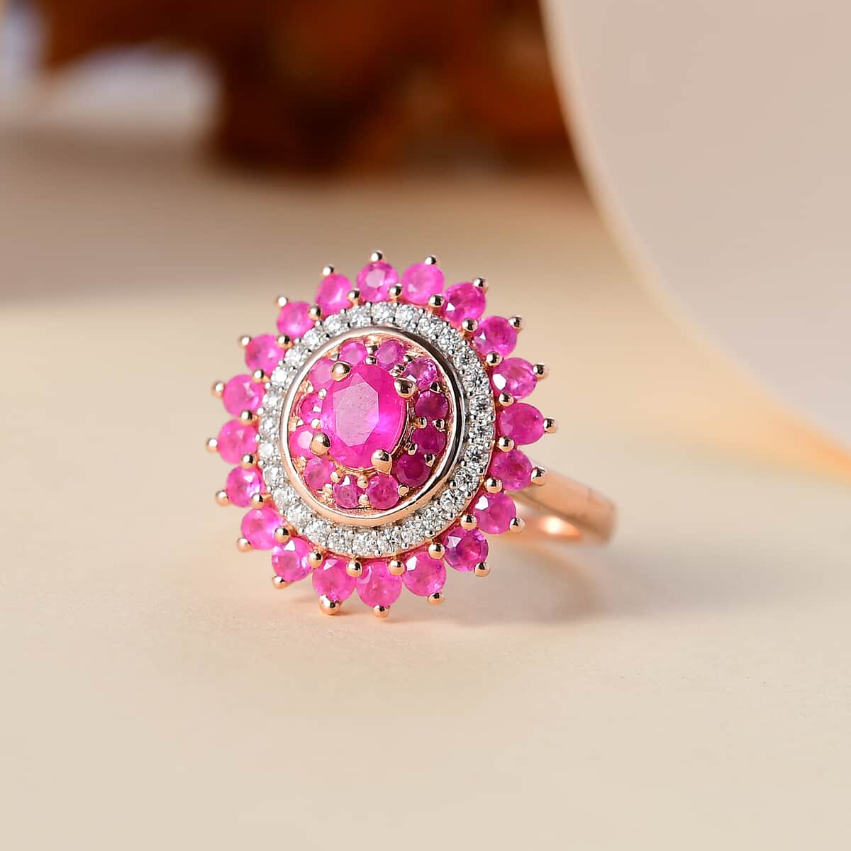 Premium Mozambique Pink Sapphire, Moissanite Floral Ring in 18K Vermeil RG Over Sterling Silver (Size 10.0) 2.20 ctw image number 1