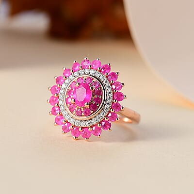 Premium Mozambique Pink Sapphire and Moissanite 2.20 ctw Rosy Halo Ring in 18K Vermeil Rose Gold Over Sterling Silver (Size 10.0) 