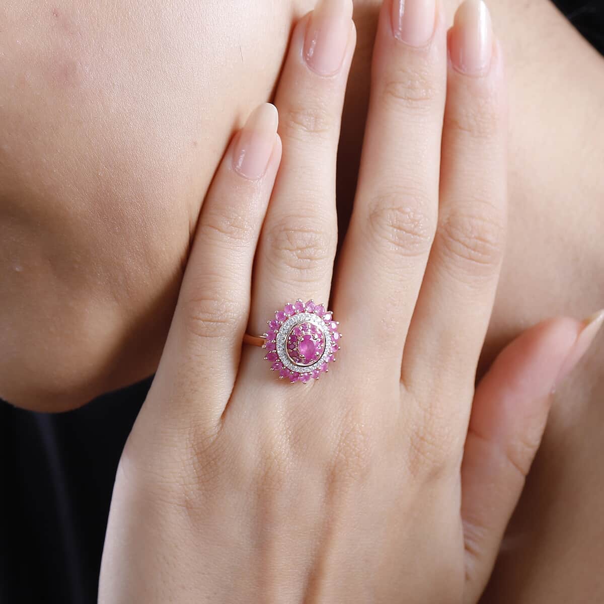 Premium Mozambique Pink Sapphire, Moissanite Floral Ring in 18K Vermeil RG Over Sterling Silver (Size 10.0) 2.20 ctw image number 2