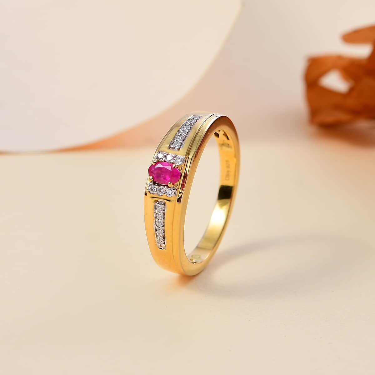 Premium Mozambique Pink Sapphire and Moissanite 0.40 ctw Men's Ring in 18K Vermeil Yellow Gold Over Sterling Silver (Size 10.0) image number 1