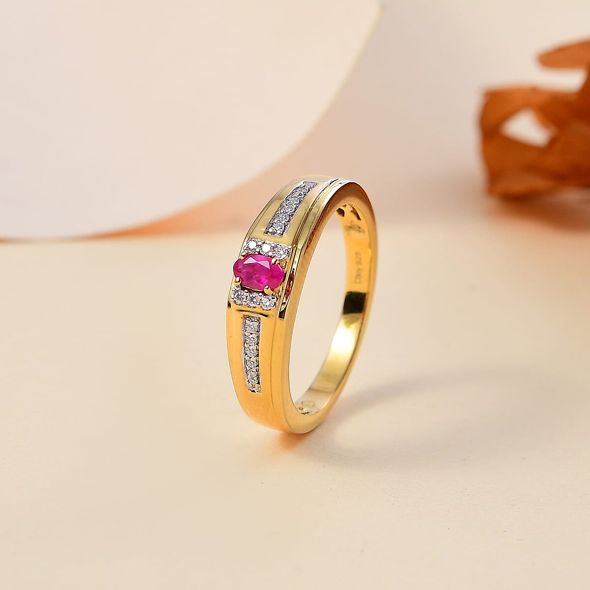 Premium Mozambique Pink Sapphire and Moissanite 0.40 ctw Men's Ring in 18K Vermeil Yellow Gold Over Sterling Silver (Size 11.0) image number 1