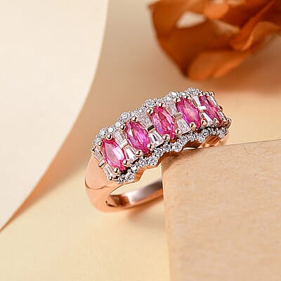 Premium Mozambique Pink Sapphire and Moissanite 1.50 ctw Art Deco Ring in 18K Vermeil Rose Gold Over Sterling Silver (Size 10.0) 