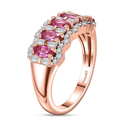 Premium Mozambique Pink Sapphire and Moissanite 1.50 ctw Art Deco Ring in 18K Vermeil Rose Gold Over Sterling Silver (Size 10.0) 