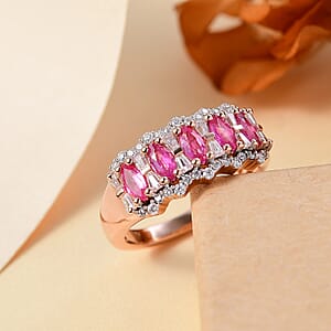 Premium Mozambique Pink Sapphire and Moissanite 1.50 ctw Art Deco Ring in 18K Vermeil Rose Gold Over Sterling Silver (Size 7.0) 