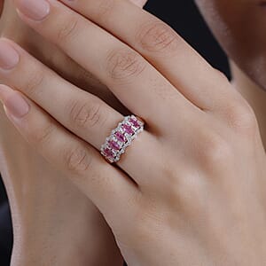 Premium Mozambique Pink Sapphire and Moissanite 1.50 ctw Art Deco Ring in 18K Vermeil Rose Gold Over Sterling Silver (Size 7.0) 
