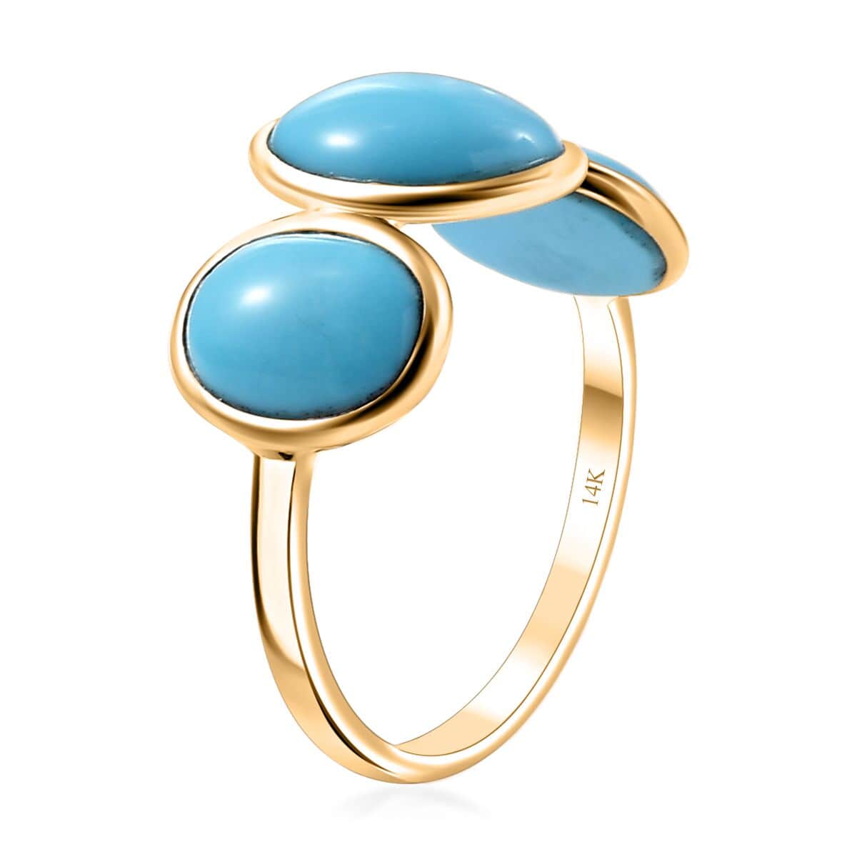 Premium Sleeping Beauty Turquoise 3.25 ctw 3 Stone Ring in 14K Yellow Gold (Size  7.0) image number 3