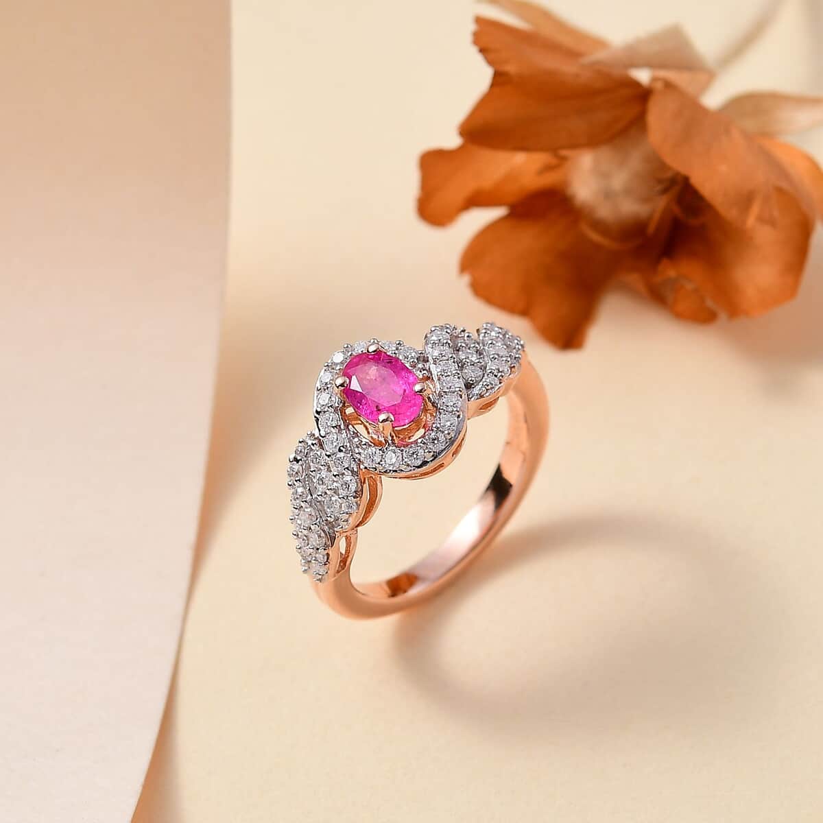 Premium Mozambique Pink Sapphire and Moissanite 1.15 ctw Infinity Blush Ring in 18K Vermeil Rose Gold Over Sterling Silver (Size 10.0) image number 1