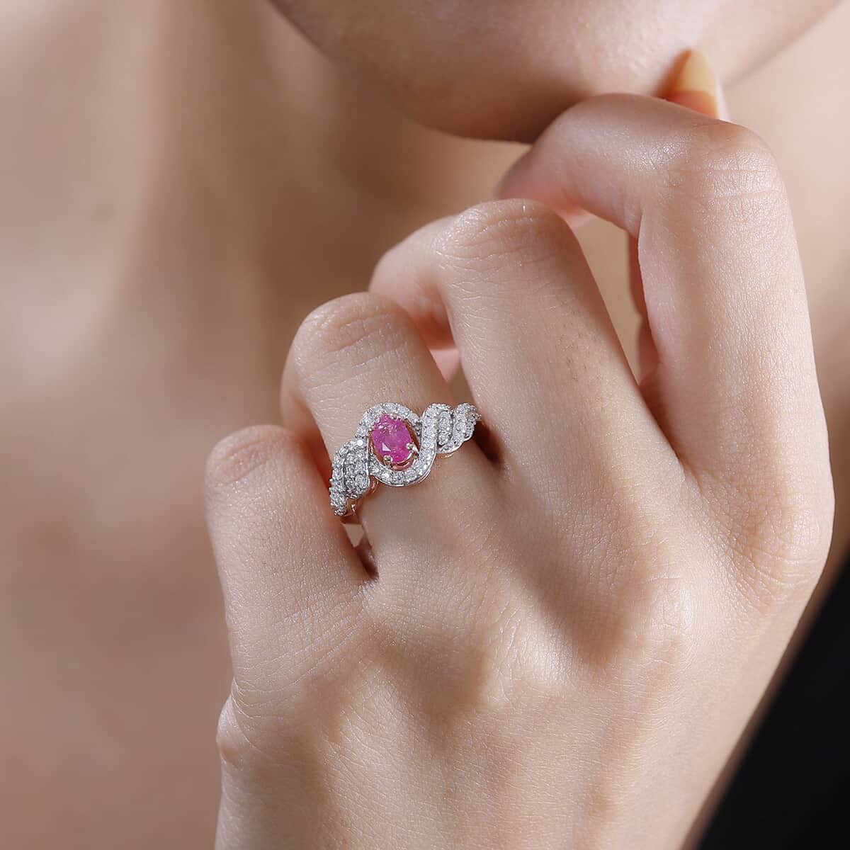 Premium Mozambique Pink Sapphire, Moissanite Ring in 18K Vermeil RG Over Sterling Silver (Size 5.0) 1.15 ctw image number 2