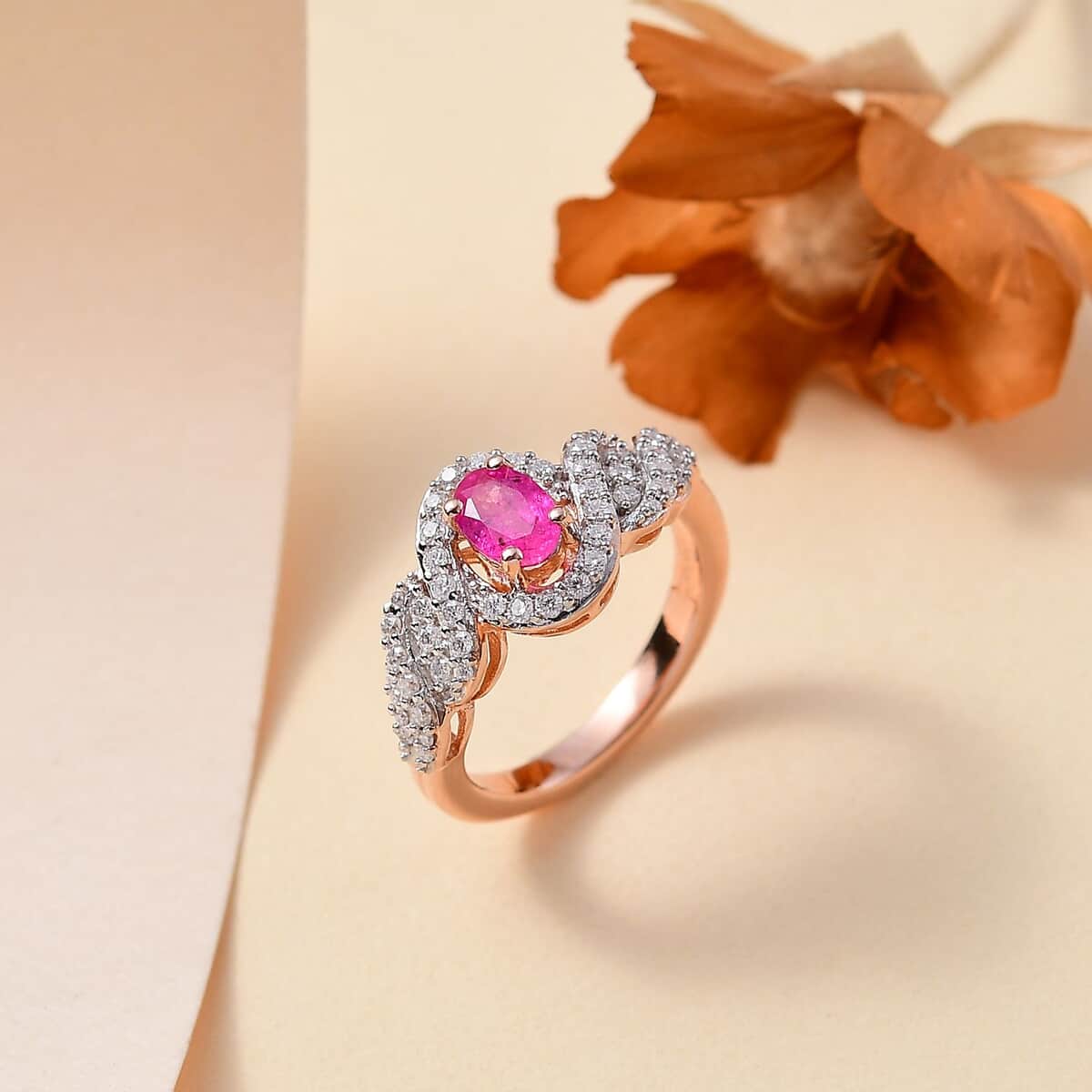 Premium Mozambique Pink Sapphire and Moissanite 1.15 ctw Infinity Blush Ring in 18K Vermeil Rose Gold Over Sterling Silver (Size 7.0) image number 1