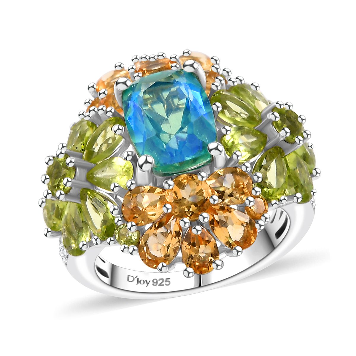 D'Joy Peacock Quartz (Triplet) and Multi Gemstone 8.35 ctw Floral Symphony Ring in Rhodium Over Sterling Silver (Size 10.0)