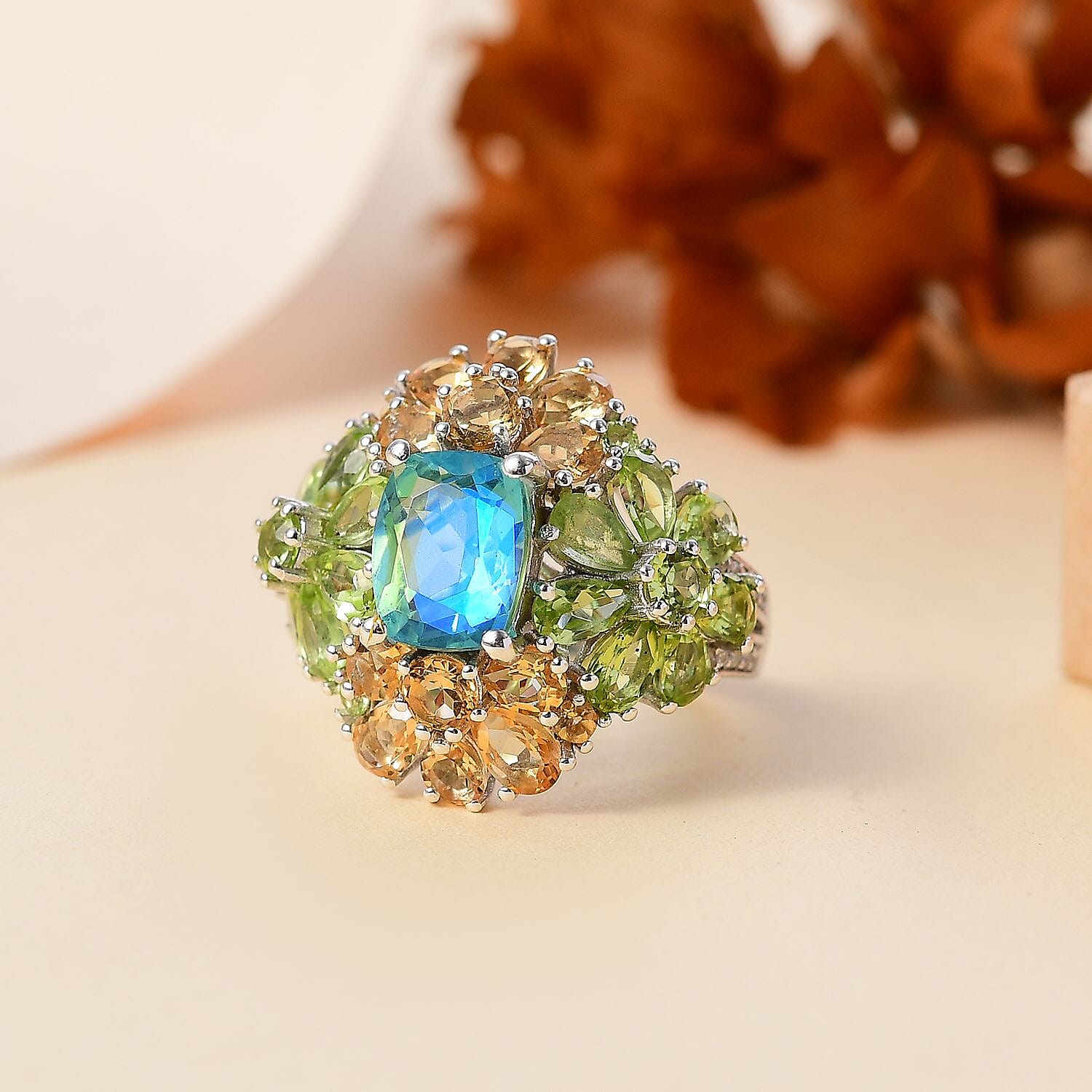 D'Joy Peacock Quartz (Triplet) and Multi Gemstone 8.35 ctw Floral Symphony Ring in Rhodium Over Sterling Silver (Size 10.0)