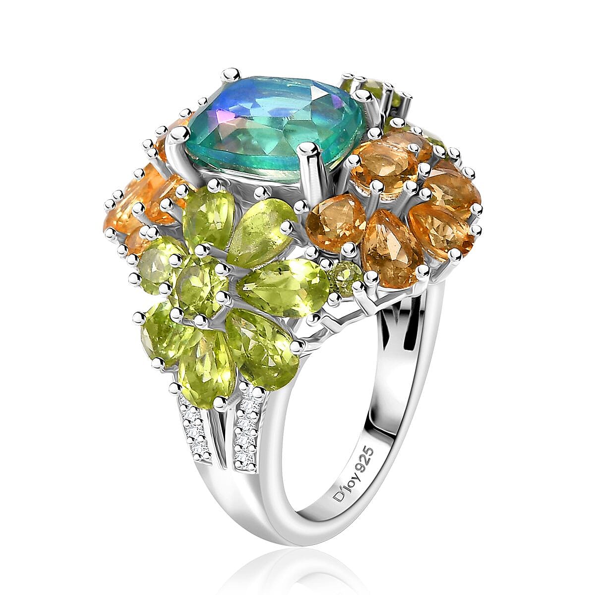 D'Joy Peacock Quartz (Triplet) and Multi Gemstone 8.35 ctw Floral Symphony Ring in Rhodium Over Sterling Silver (Size 10.0)