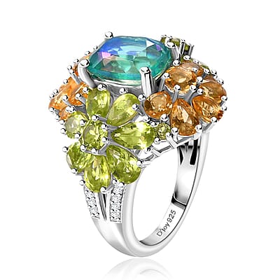 D'Joy Peacock Quartz (Triplet) and Multi Gemstone 8.35 ctw Floral Symphony Ring in Rhodium Over Sterling Silver (Size 10.0)