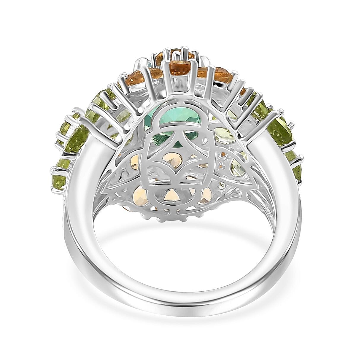 D'Joy Peacock Quartz (Triplet) and Multi Gemstone 8.35 ctw Floral Symphony Ring in Rhodium Over Sterling Silver (Size 10.0)