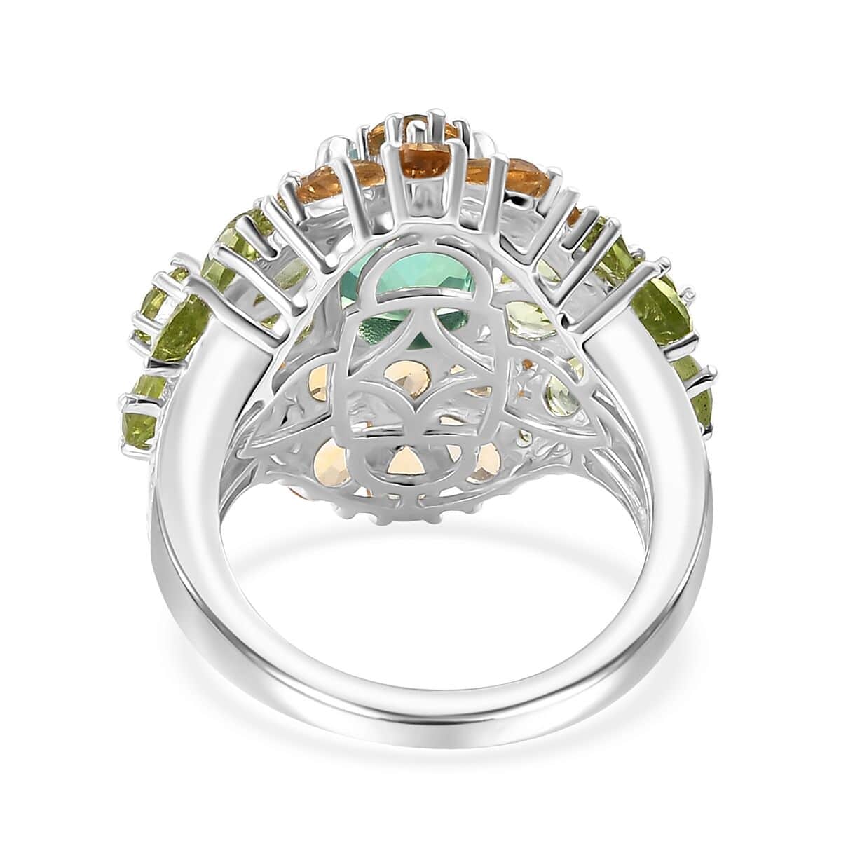 Premium Peacock Quartz, Multi Gemstone Floral Ring in Rhodium Over Sterling Silver (Size 10.0) 8.35 ctw image number 4